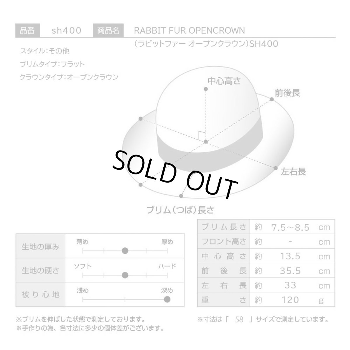 画像10: RABBIT FUR OPENCROWN（ラビットファー オープンクラウン）SH400 ブラック (10)