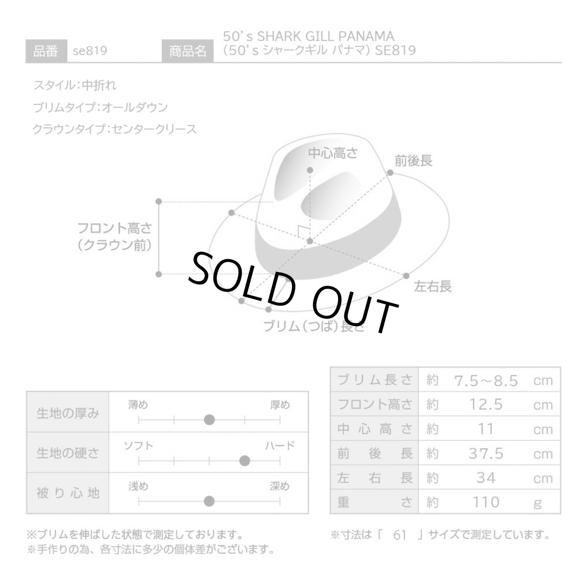 画像8: 50's SHARK GILL PANAMA（50's シャークギル パナマ） SE819 ナチュラル (8)